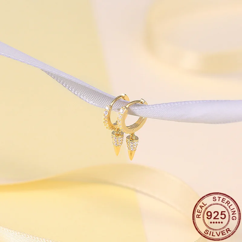 Genuine 925 Sterling Silver Hanging Rivet Cone Drop Earrings Rock Hip Hop Fashion Punk Jewelry Women Geometric Pendant CZ Stones