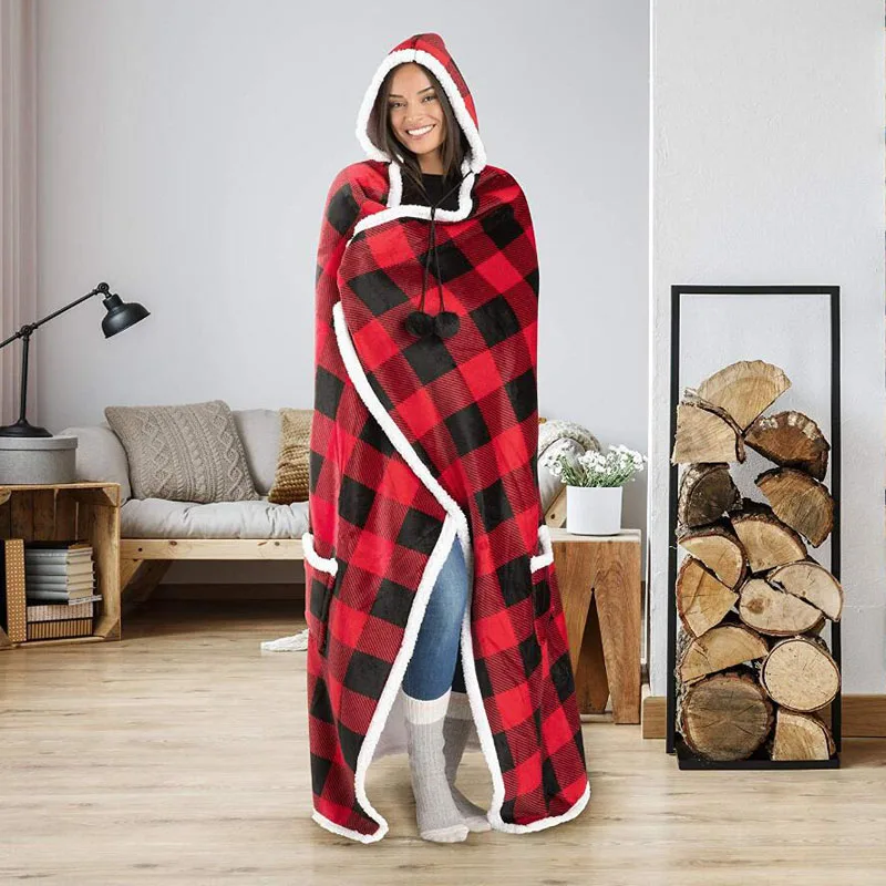 Winter Sherpa Blanket Without Sleeves Plush Fleece Hoodies TV Blankets Super Long Flannel Hooded Thick Warm Sofa Blanket WF242