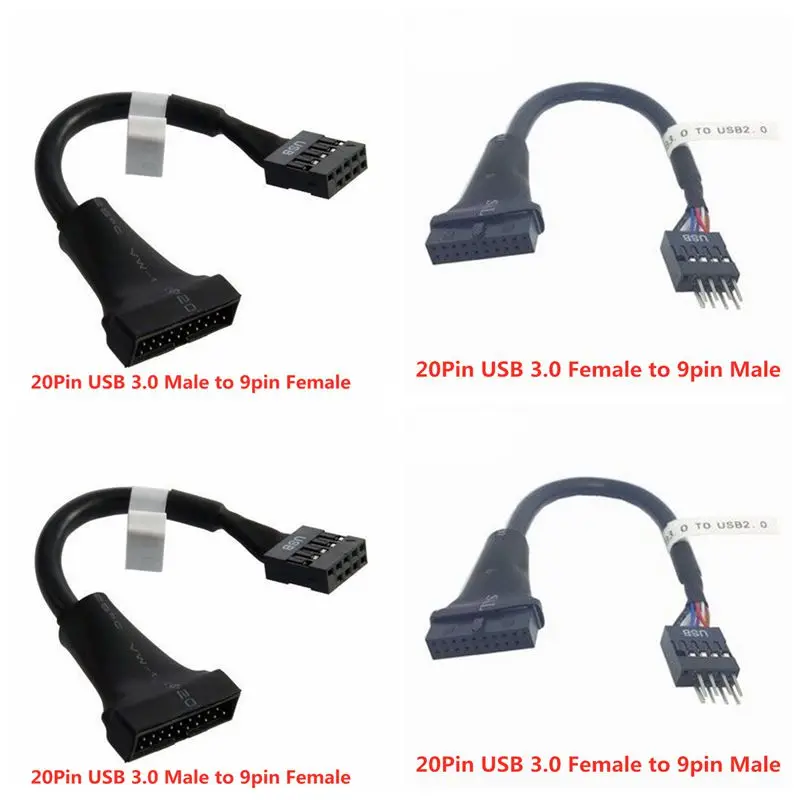 

1PC Black USB 2.0 9 Pin Housing Male To Motherboard USB 3.0 20pin Female Adaptor Cable Female to Male Adapter for PC Computer