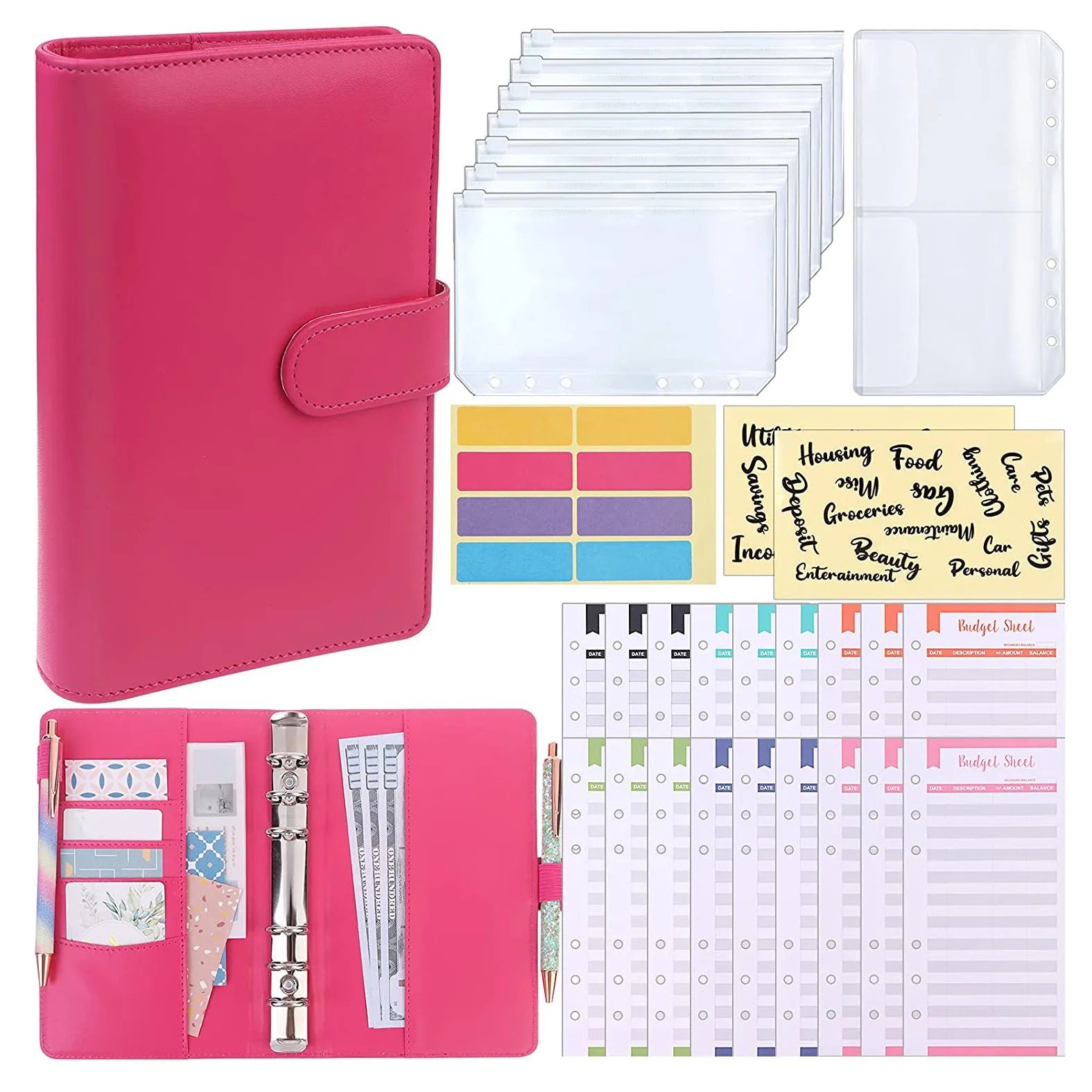 A6 Binder Cash Envelopes System Budget Planner Organizer ,12 Expense Budget Sheets, 8 Zipper Binder Pockets, for Saving Money