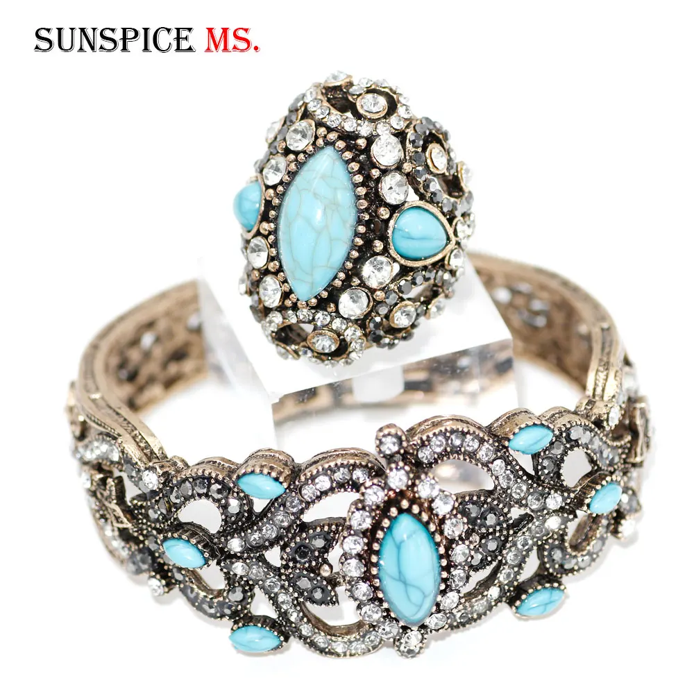 SUNSPICE MS Vintage Indian Jewelry Women Old Gold Silver Color Bangle Ring Sets Turkish Ethnic Banquet Wedding Jewelry Gift