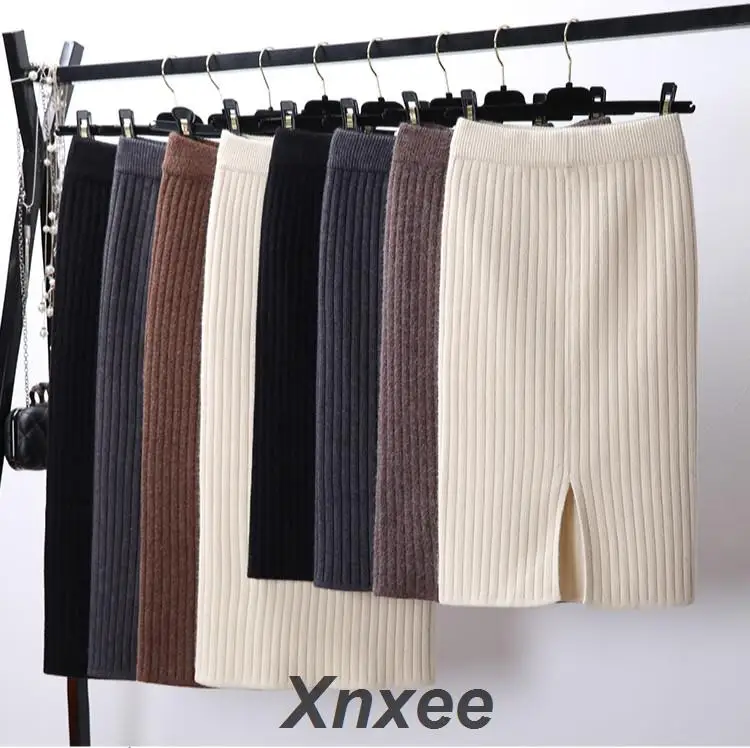 

Women Back Slit Bodycon Elegant Midi Pencil Skirt Autumn Winter Casual Knitted Skirt High Waist Skirts Womens Jupe Femme Xnxee