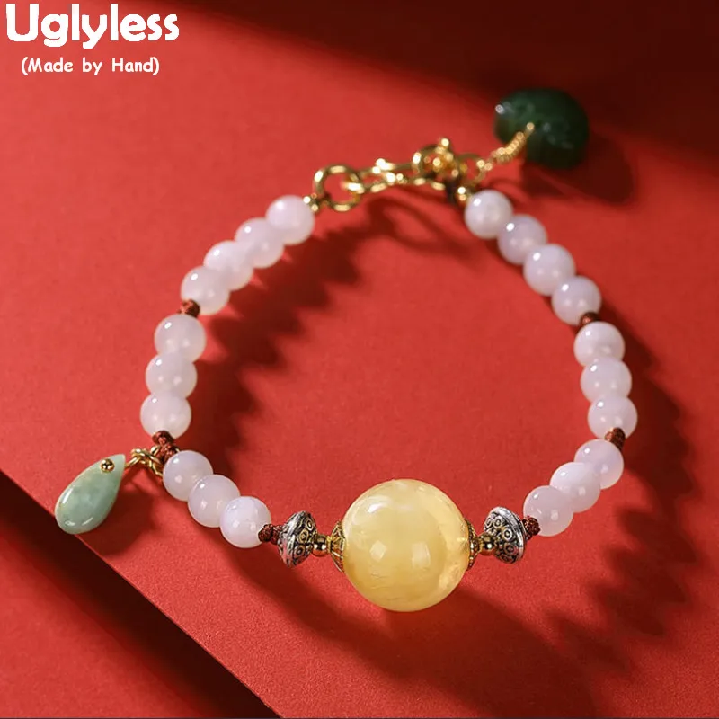 

Uglyless Natural Jade Amber Beads Gems Bracelets for Women Emerald Jasper Charms Gemstone Bracelet 925 Silver Summer Dress Jewel