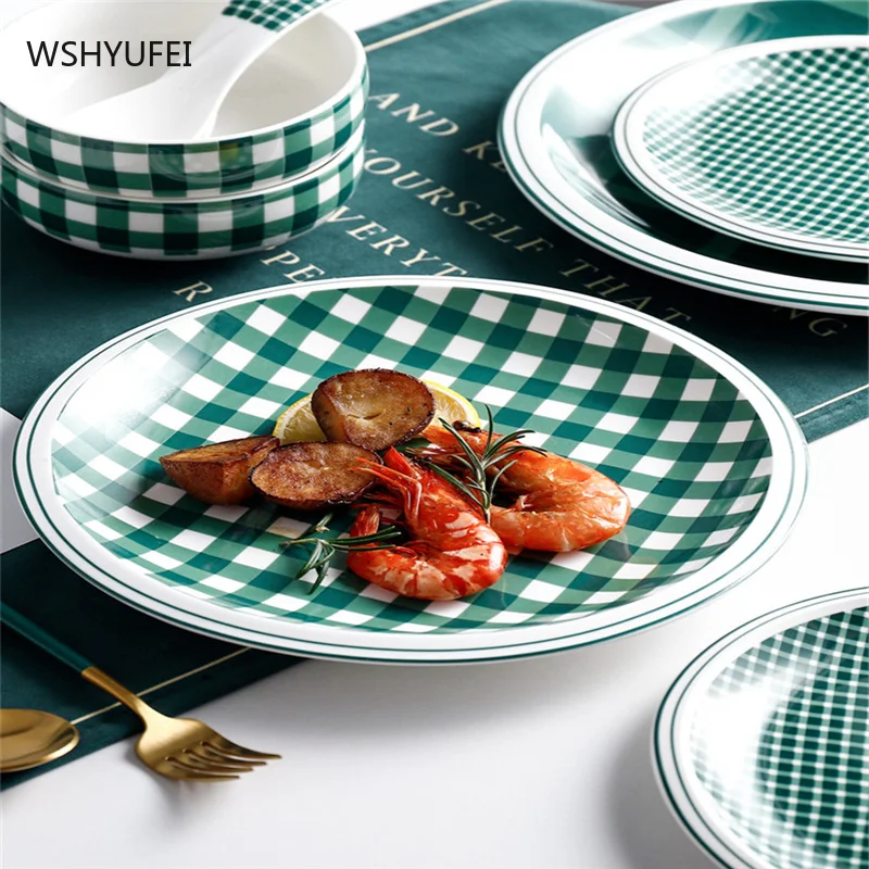 Creative Green Checkered Breakfast Plate Steak Salad Dessert Cake Sushi Plate Home Decor Pastry Fruit Plate Kitchen Tableware