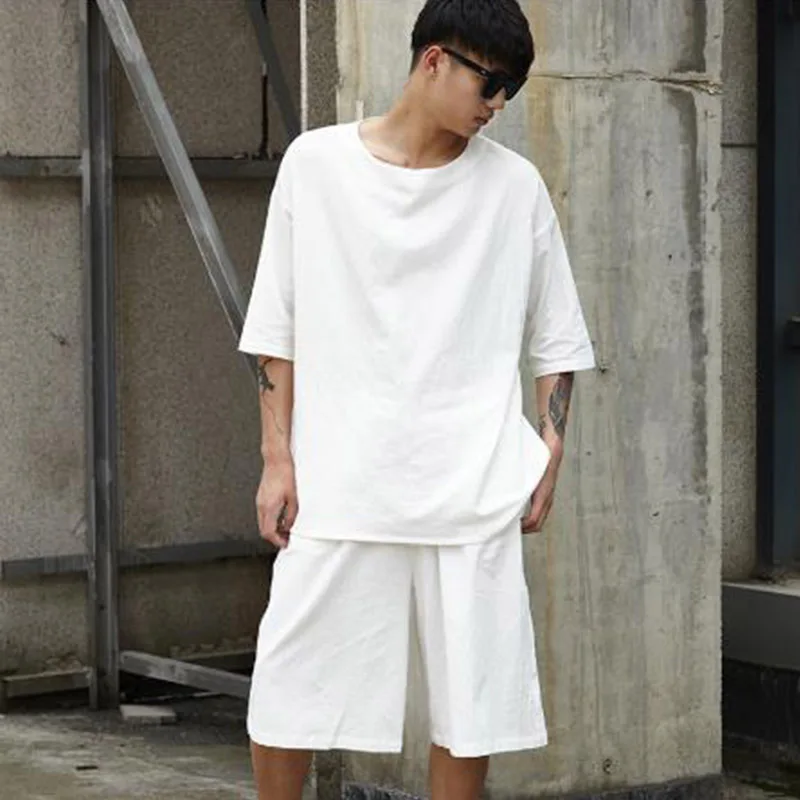 Men Cotton Linen 2 Pieces Set (tshirt+shorts) Male Streetwear Hip Hop Casual T Shirt Wide Leg Shorts White Black Tees Shirts