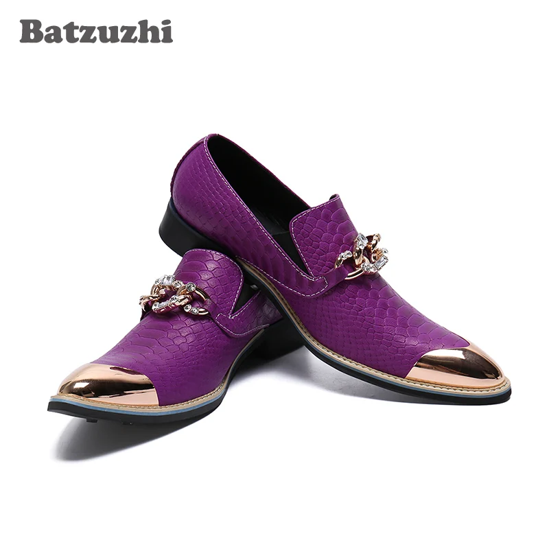 

Batzuzhi Luxury Handmade Men Shoes Fashion Leather Dress Shoes Pointed Toe Purple Business Flats Shoes for Party and Wedding Men