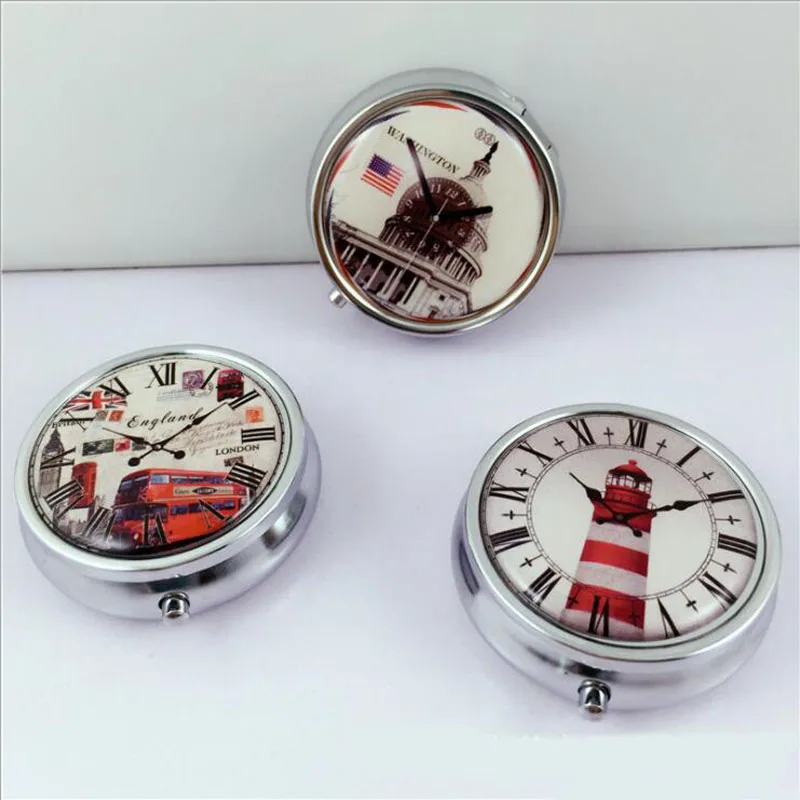 Metal Round Vintage Tower clock Pill Boxes Holder 3 Grids Medicine Case Small Portable Case Container Splitters MR198