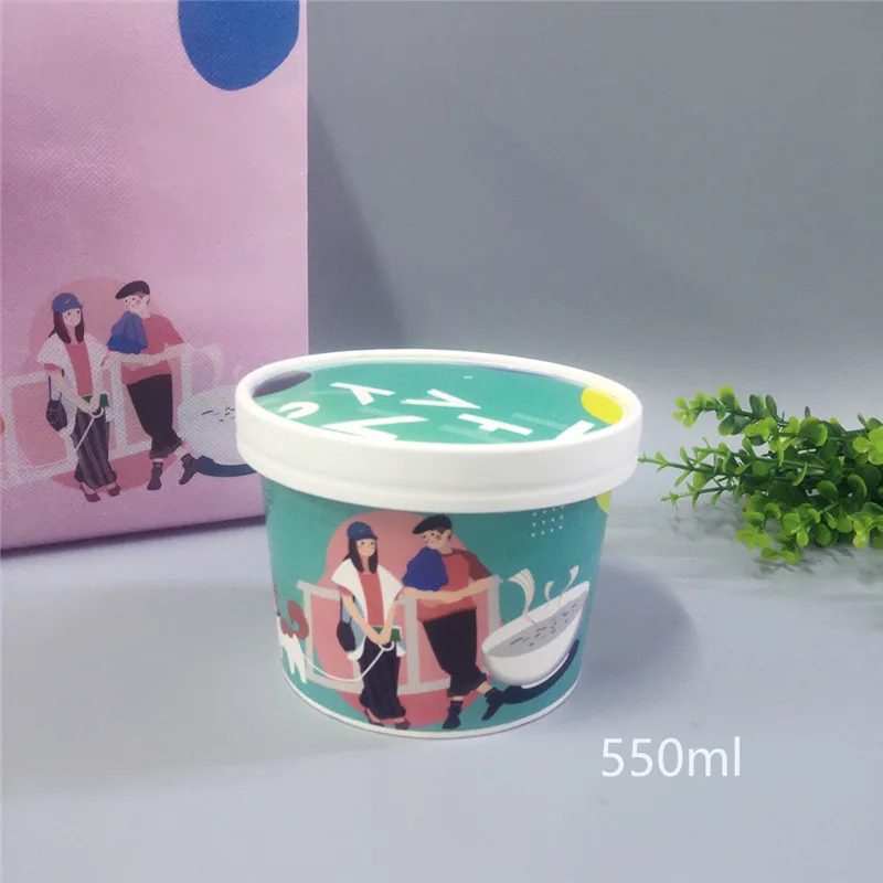 

50pcs Creative round disposable ice cream cup 550ml packaging fruits salad paper cups birthday party dessert cups with lids