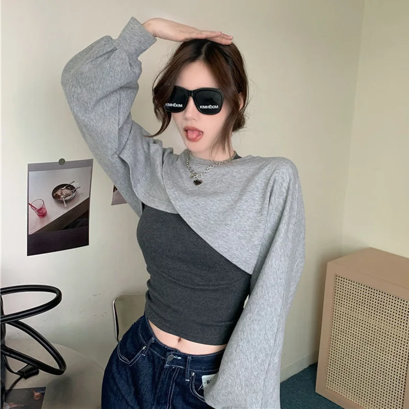 Short-style Sweatshirts Women Loose Simple Solid Irregular Casual Baggy Lantern Sleeve Bolero Dance Hip Hop Crop Tops Streetwear