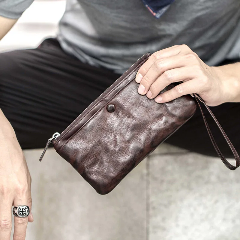 Vintage handmade leather wallet, men's multifunctional leather long wallet, zipper fold personalized mobile phone bag