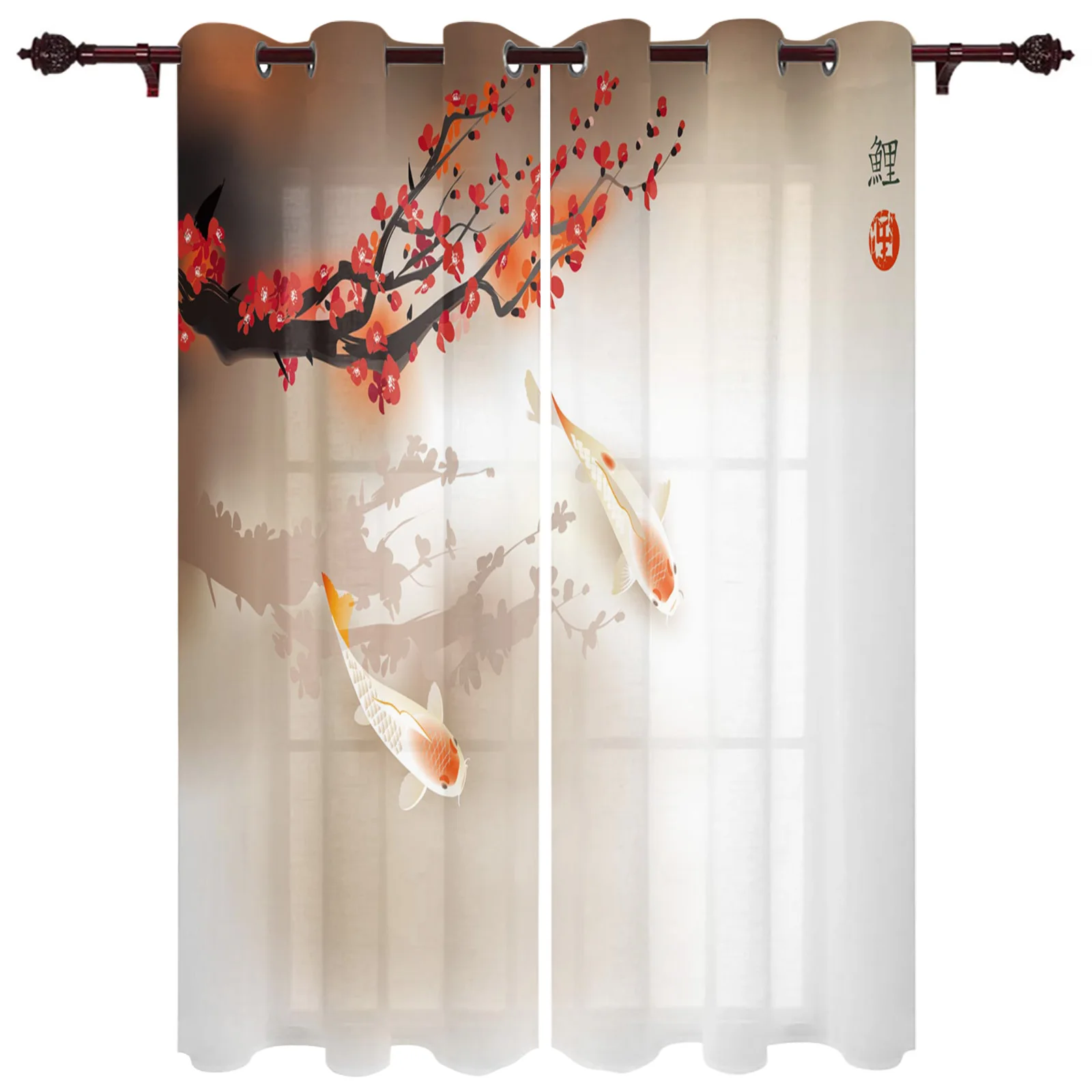 French Window Curtains Red Carp Cherry Blossom Living Dining Room Kids Bedroom Screens Modern Luxury Home Decor Valance Curtains