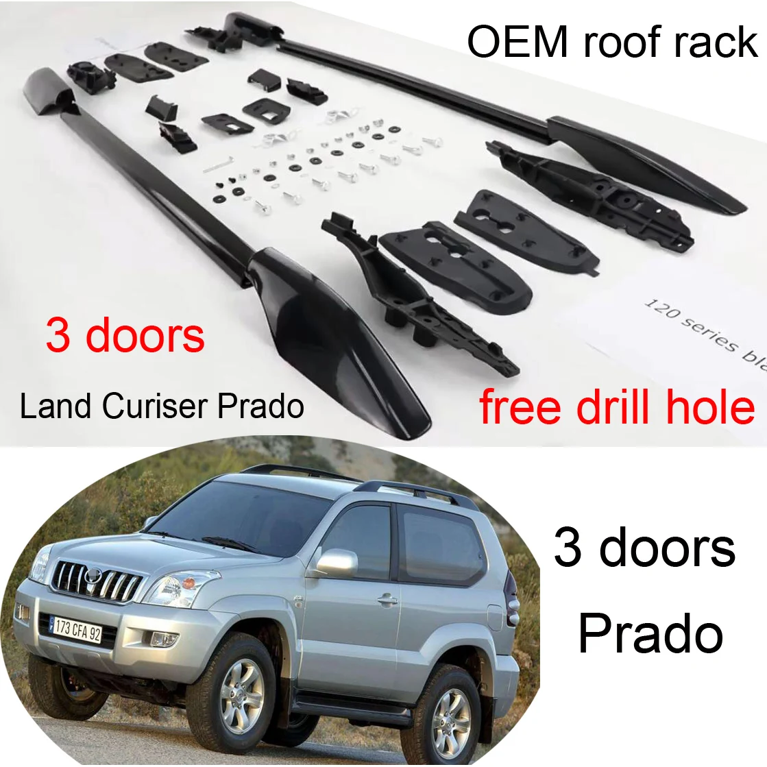 OEM roof bar rail roof rack for Toyota Land Cruiser Prado 120 short 3 doors,2003 2004 2005 2006 2007 2008 2009, accurate length