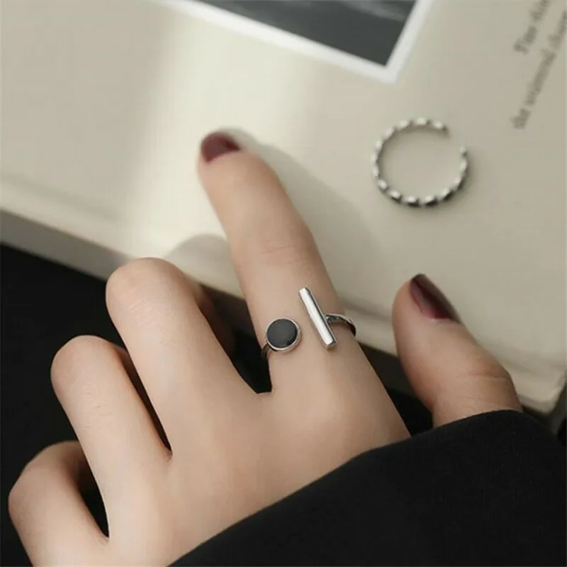 925 Sterling Silver Geometric Black Rhinestone Round Ring Female Korean Fashion Open Adjustable Handmade Couple Gifts