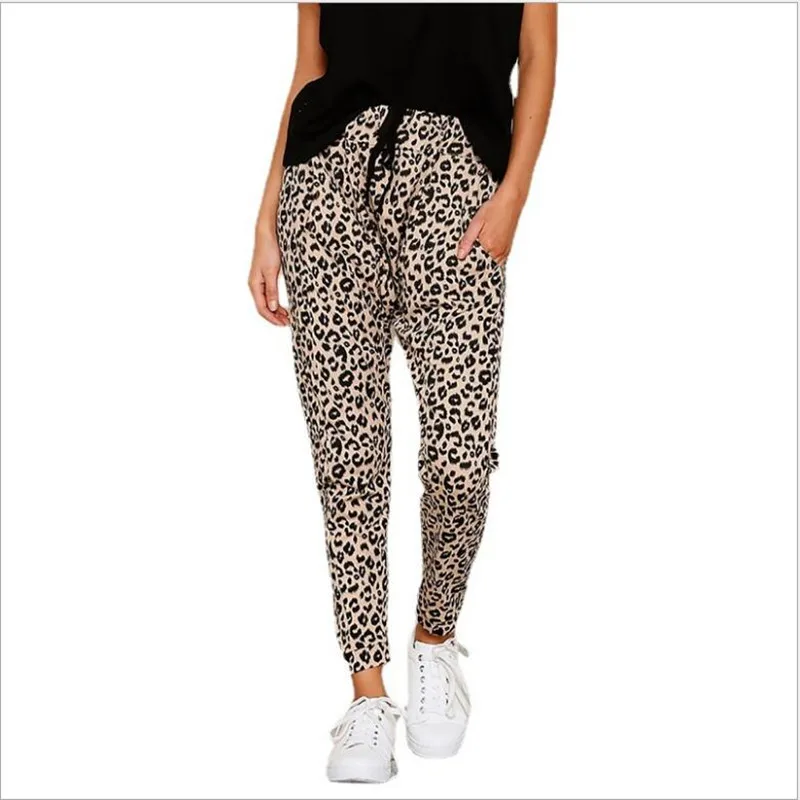 Women Leopard Print Harem Pants Mid Wiast Slim Fit Drawstring Pockets Trousers pantalones mujer Casual pants