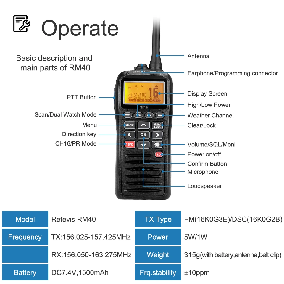 Imagem -04 - Retevis Rm40 Vhf Rádio Marinho Ipx7 à Prova d Água Comunicador de Rádio Bidirecional Gps Dsc Mob Alarme Flutuante Walkie Talkie Lcd 5w Marinha ht