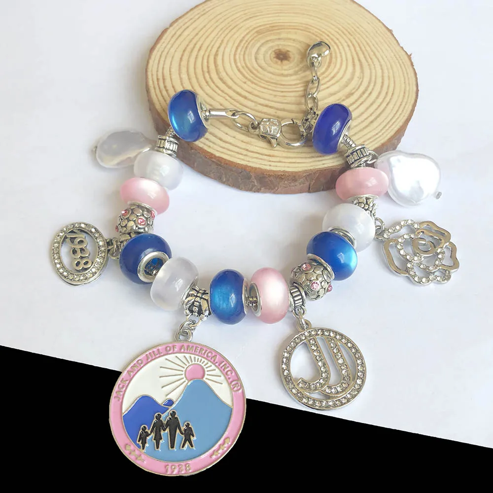 Handmade Pink Blue Large Hole Beads Jack&Jill Women\\\'s Club 1938 Charm Bracelet Jewelry