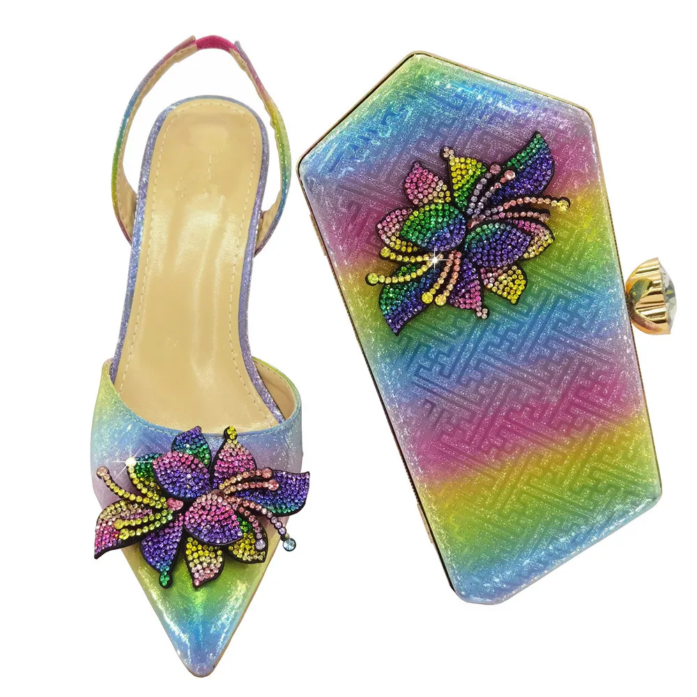 

Fashionable Colorful Women Shoes Match Purse With Rhinestones Decoration African Dressing Pumps And Handbag Set CR776,Heel 6CM