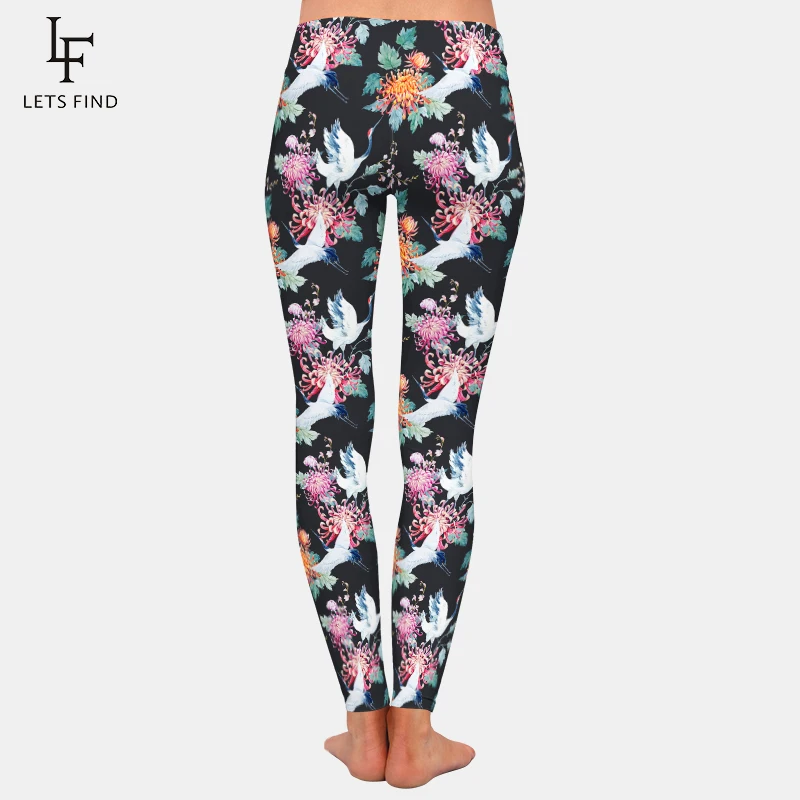 LETSFIND Schöne Krane und Blumen Muster Druck Elastische Hosen Mode Hohe Taille Frauen Fitness Stretch Leggings