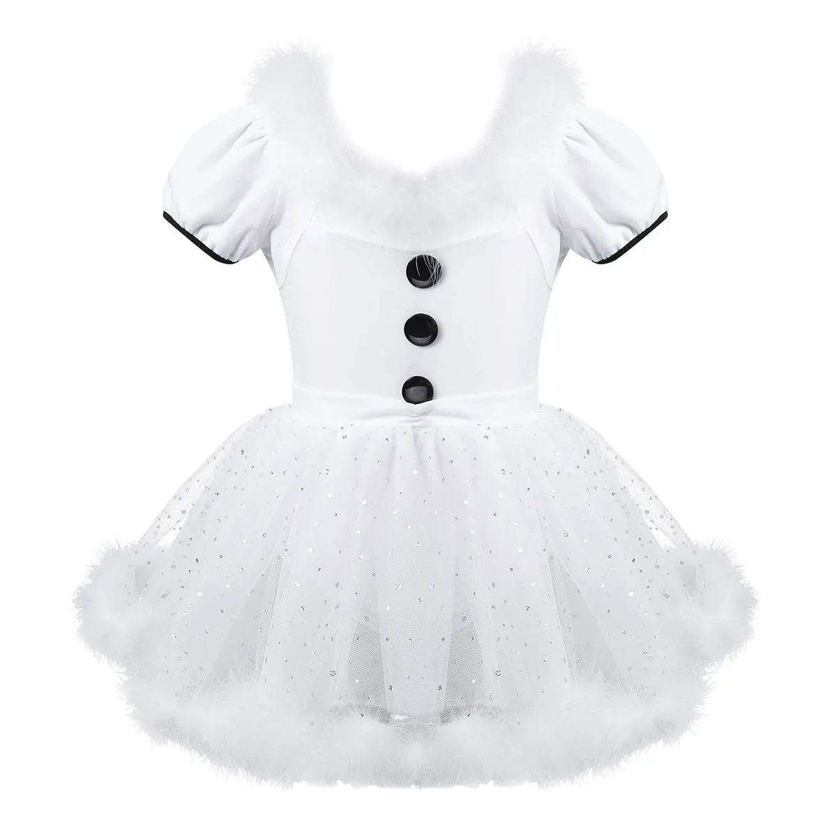 Kids Girls Feathers Trim Christmas Costume Snowman Dress Up Glittering Skating Tutu Leotard Dress Ballet Dance Tutu Dress Xmas