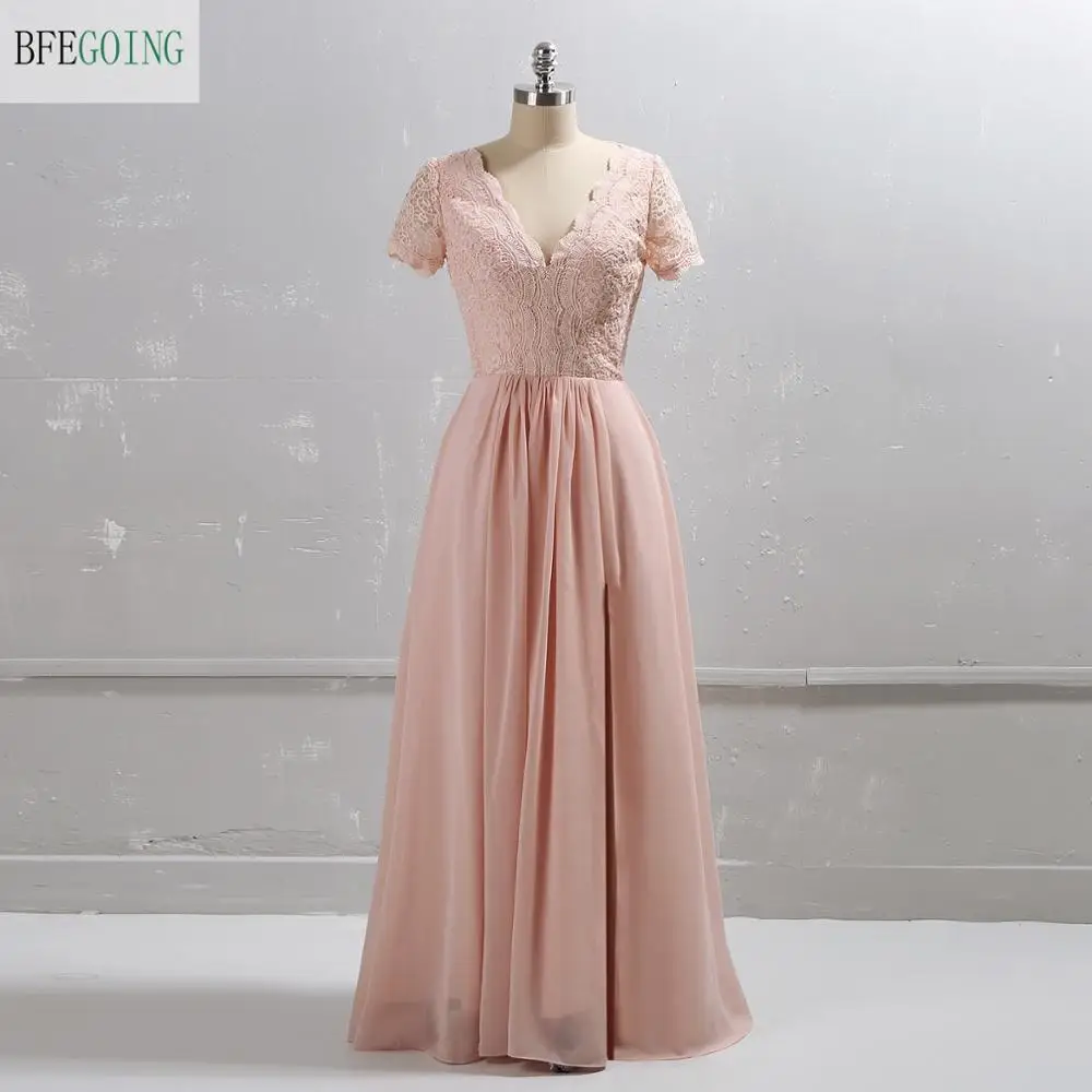 Robe de mère de la mariée en mousseline de soie rose Blush à manches courtes, robe trapèze longueur au sol, sur mesure