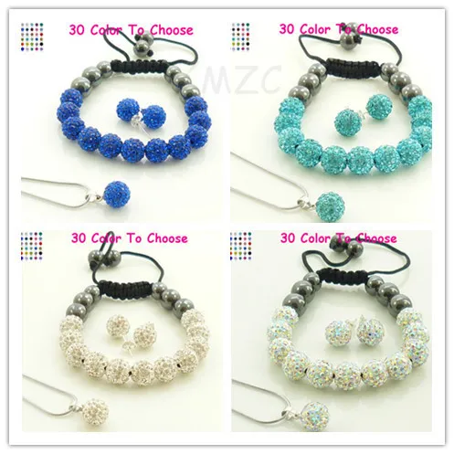 ger2sg Mixed 10mm 20 Pcs/lot Each Color 5 Piece Silver Plated crystal  Set Bracelet Stud Earring Necklace