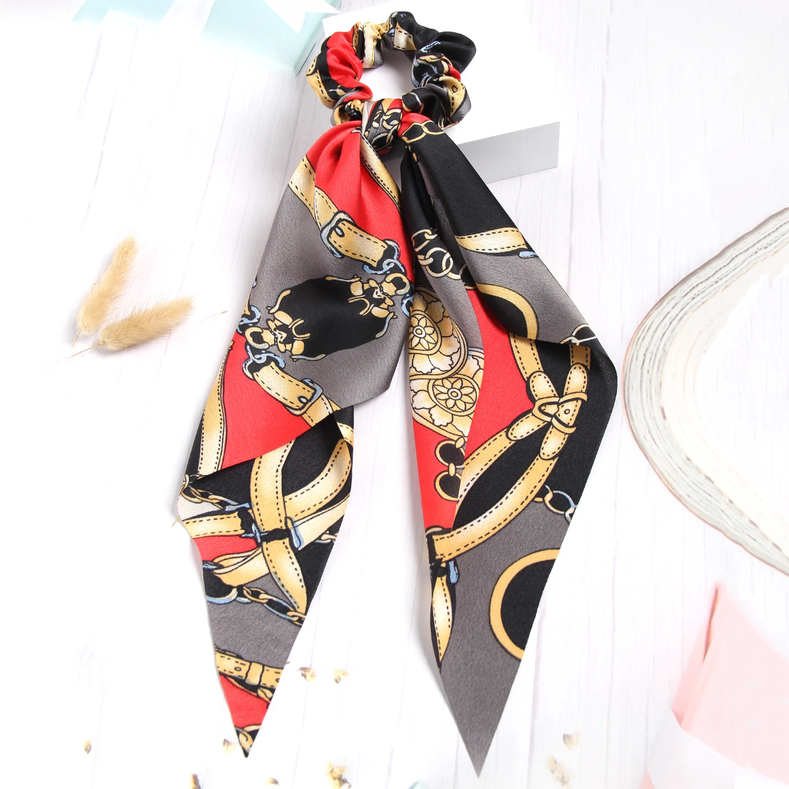 Fashion Women Girls Vintage Printting Hair Scrunchies Long Hair Ribbon Ponytail Scarf Elastic Satin Hair Band Hair Accessories