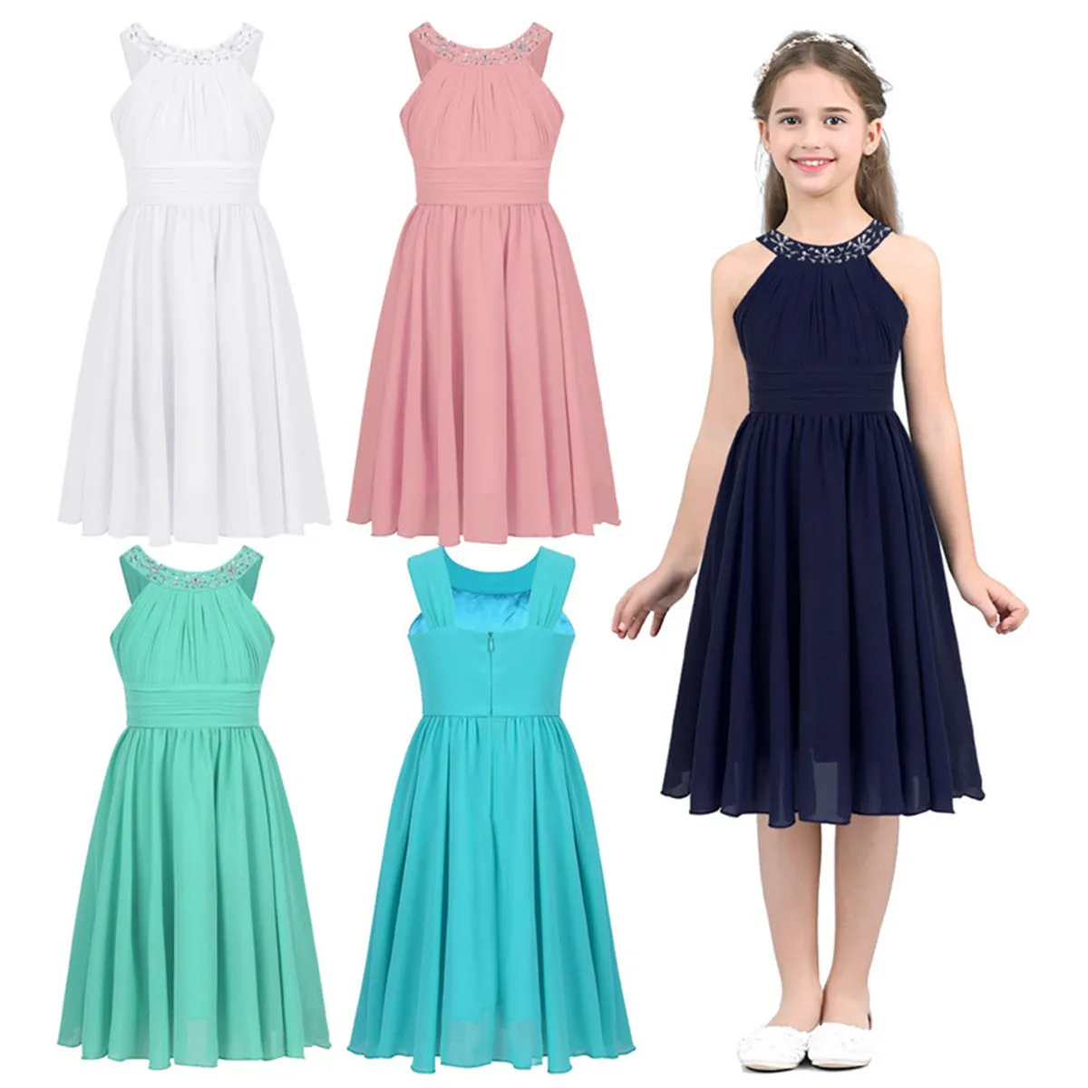 

Tiaobug Sequins Flower Girls Dresses for Weddings Turquoise Pink First Communion Chiffon Princess Dress For Prom Party Gowns