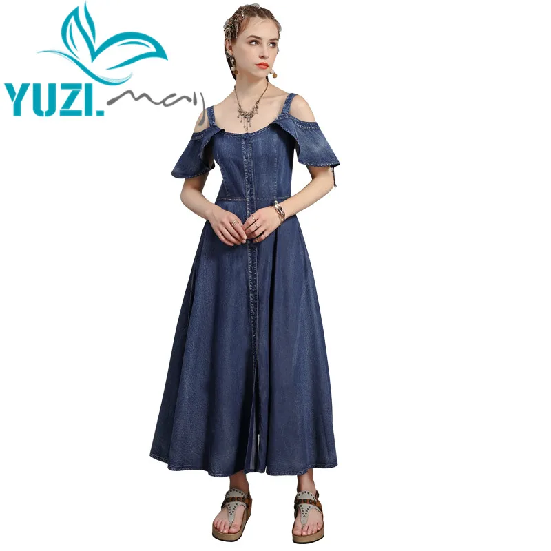 Vestito Da estate 2020 Yuzi. Può Boho Nuovo Denim Delle Donne Abiti Off-spalla Monopetto Swing Hem Abiti Donna A82228