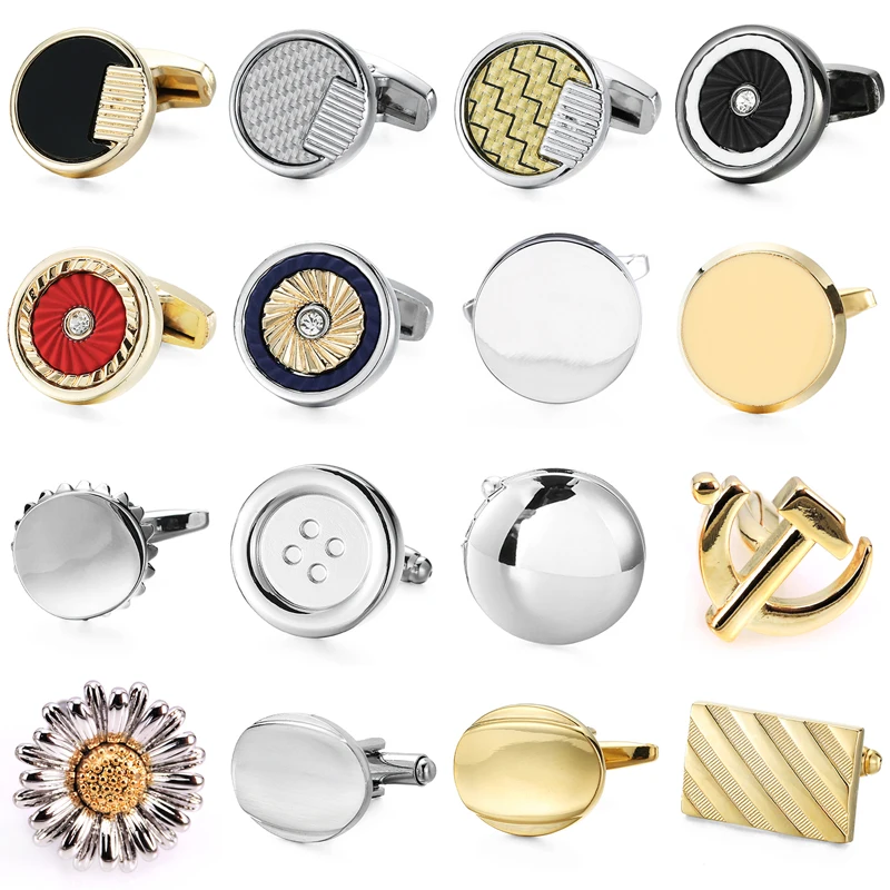 Novel Round square metal Cufflinks Hand drawing Laser cuff button of French shirt Golden Silvery Black Cuff-links Men's jewelry