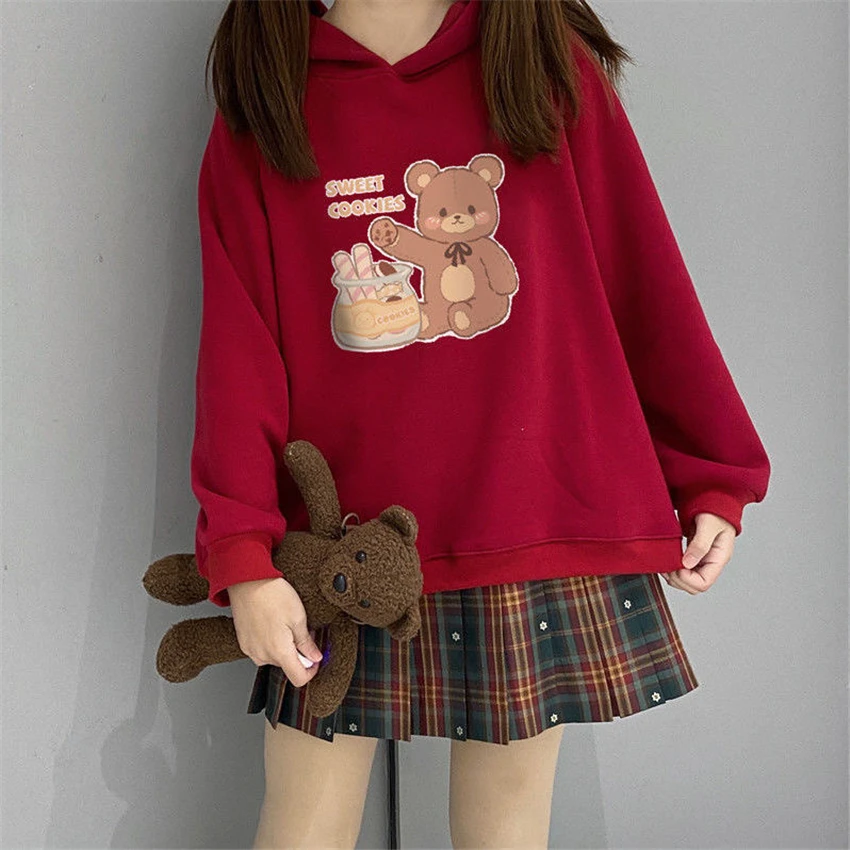 Japan Korean Women Bear Pattern Hooded Tops Female Red White Casual Sweatshirt Spring Long Sleeve Girl JK Hoodie Streetwear