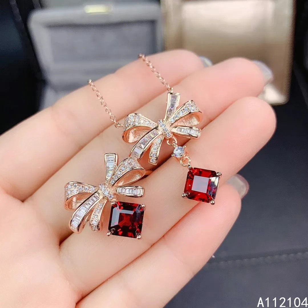 

KJJEAXCMY Fine Jewelry 925 Sterling Silver Inlaid Natural mozambique garnet women's fresh trendy bowknot gem Ring Pendant suit s