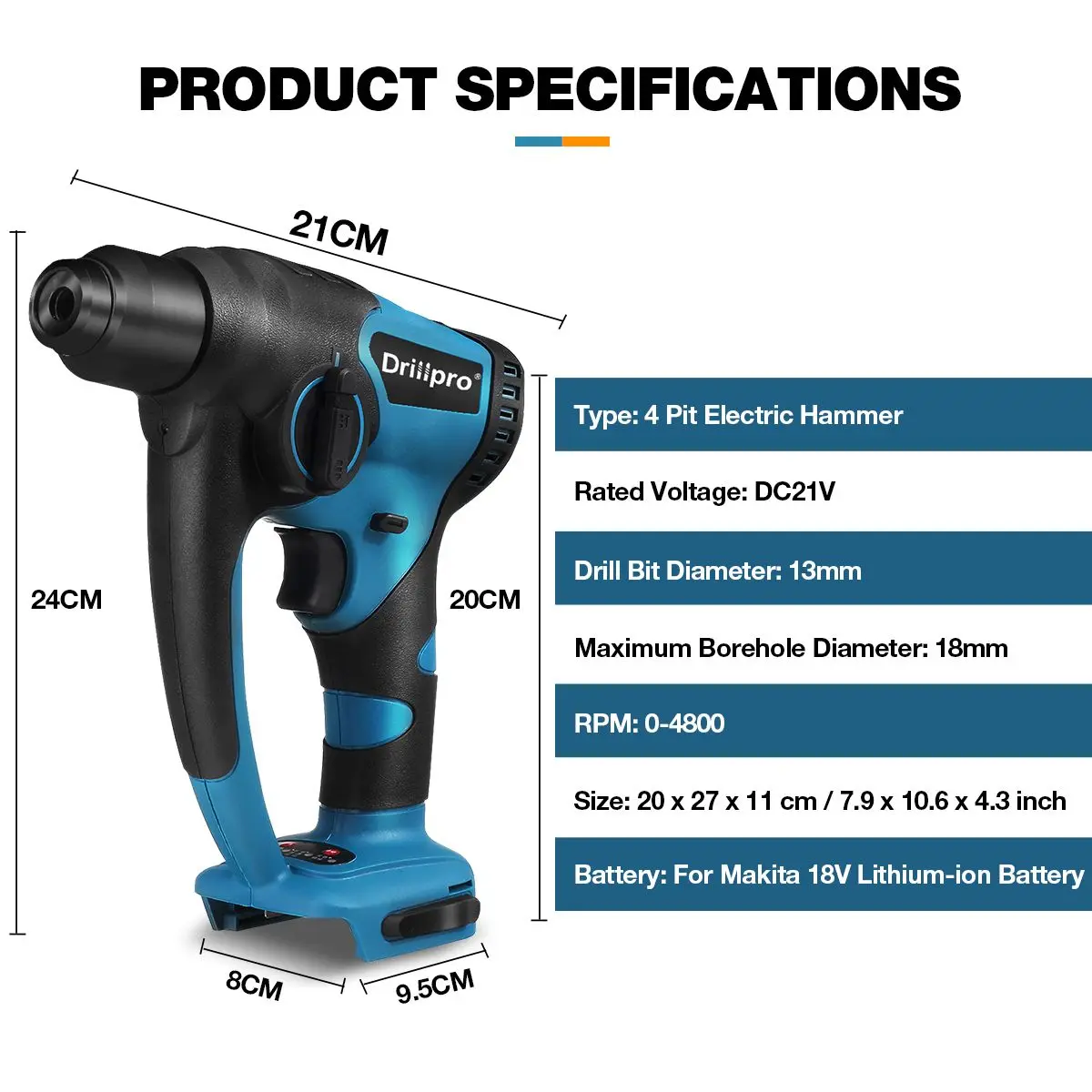 Imagem -02 - Drillpro-brushless Cordless Furadeira Elétrica Martelo de Demolição Furadeira Elétrica Ferramenta Rotativa para Makita Bateria 18v