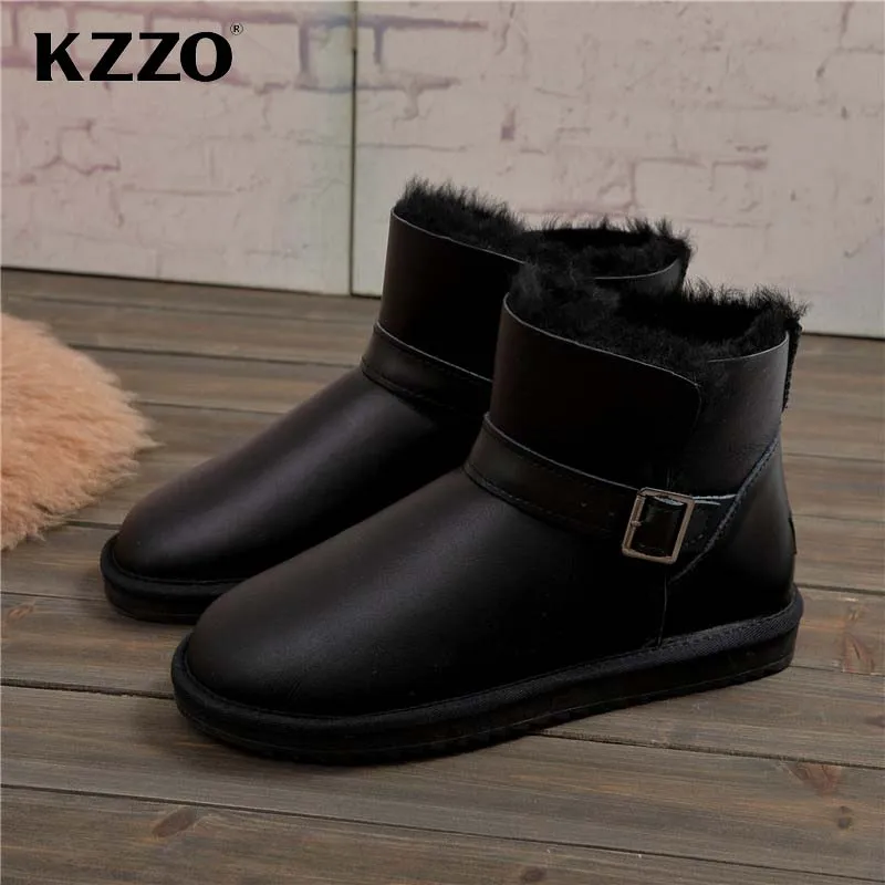 KZZO 2023 New Men Casual Real Sheepskin Leather Winter Snow Boots Natural Wool Fur Lined Keep Warm Shoes Waterproof Slip on