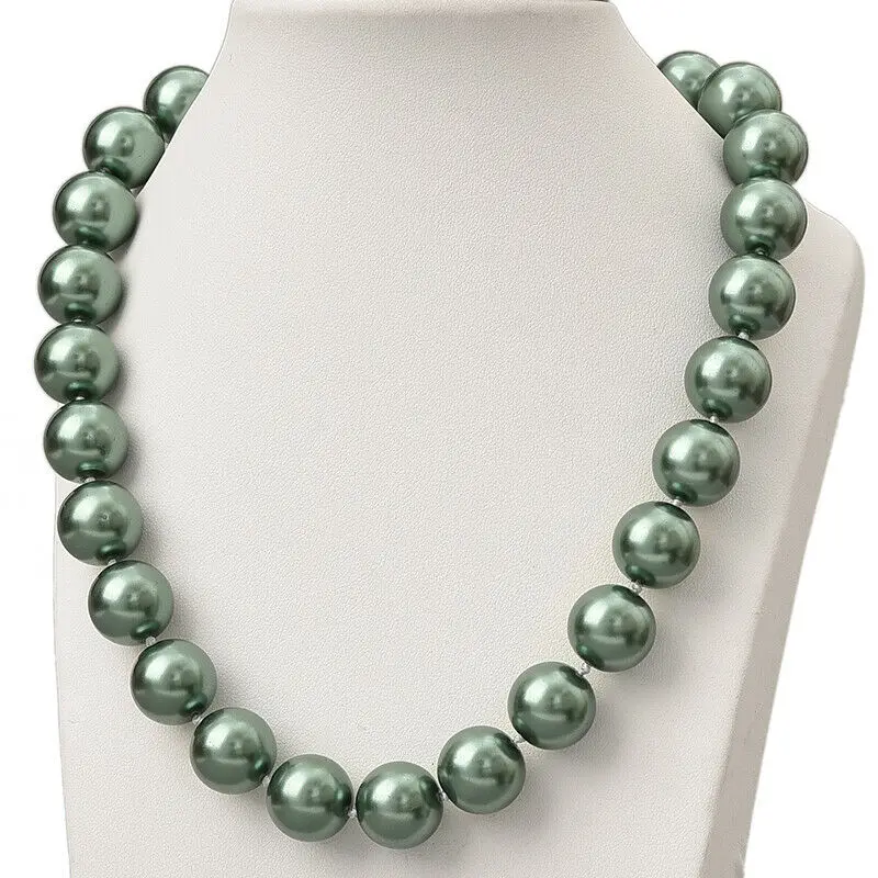 

12mm Dark Green Akoya Shell Pearl Round Beads Necklace 18Inch AAA
