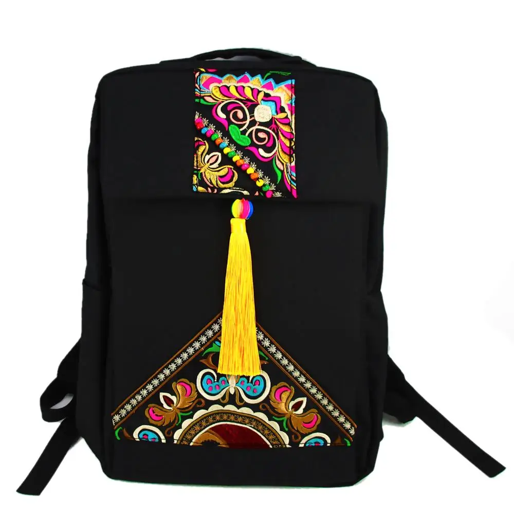 Tribal Vintage Hippie Colorful Travel Backpack Bag For Women Embroidery Pom Charm Hmong Ethnic Bohemian Boho Rucksack SYS-572