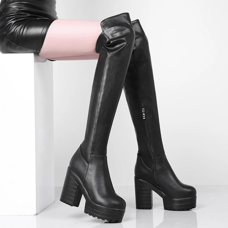 2024 Super Thick Heel Long Tube Comfortable Over-The-Knee Boots High Waterproof Platform Large Size Plush Lining Women's Boots