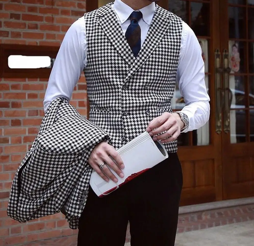 Men's Suits For Wedding Houndstooth Suits Double Breasted Vest Trousers Prom Tuxedos (Blazer+Vest+Pants)