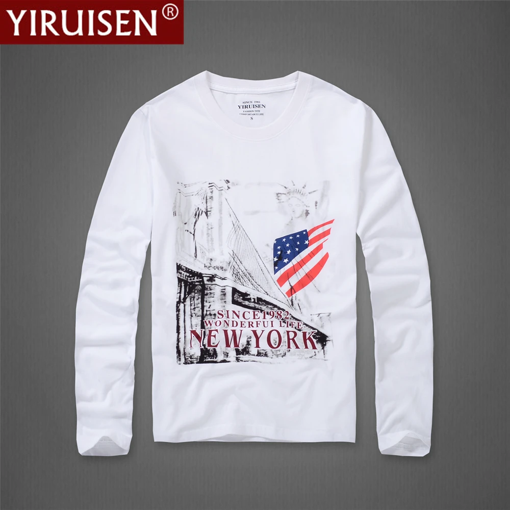 Vintage Mens Long Sleeve Shirt YiRuiSen Printing 100% Cotton Male Clothing Designer Fashion Casual Breathable Homme Sports Tees