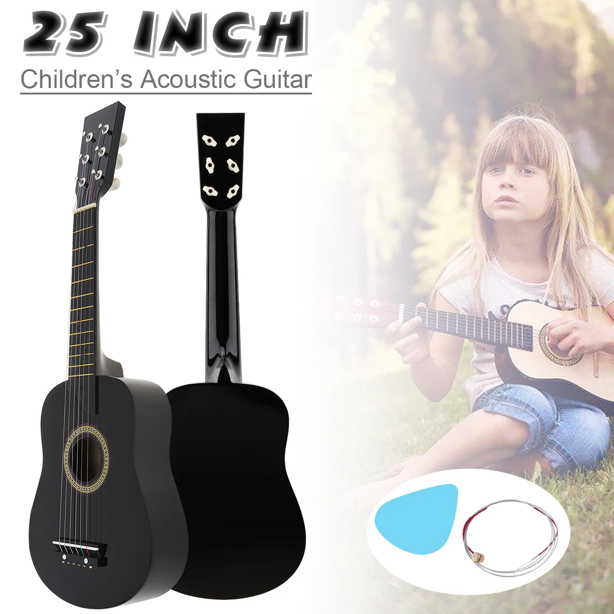 

25 Inch Black Basswood Acoustic Guitar with Pick Strings Toy Mini 6 Strings Guitar for Children and Beginner as gift
