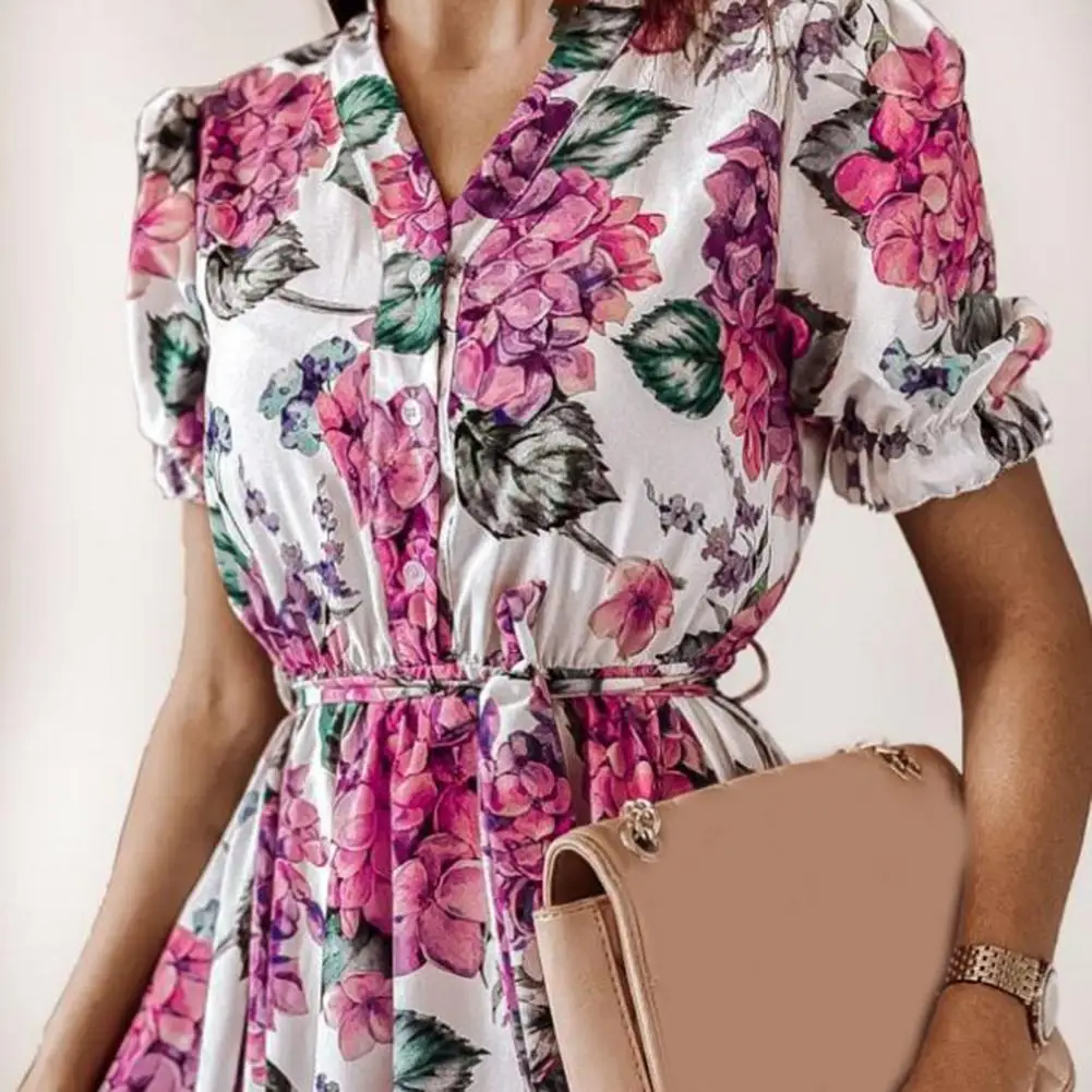 

Summer Boho Midi Dress Floral Print Sashes Ladies Short Sleeve V Neck Irregular Large Hem Waist Tied Dress for Women 2021