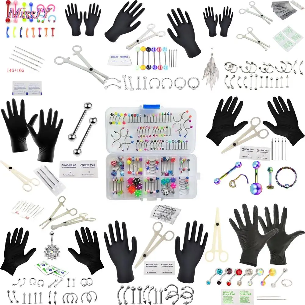 1 مجموعة 14 جرام 16 جرام المهنية ثقب السرة أداة عدة الفولاذ المقاوم للصدأ البطن الدائري اللسان الزنمة الحلمة الشفاه الحاجب الأنف مجوهرات للجسم