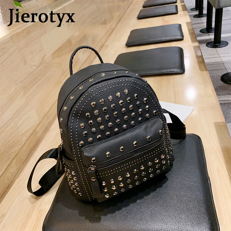 JIEROTYX 2021 New Arrival Preppy Leisure Backpack Womens Casual Daypacks Women Soild Zipper Rivet Shoulder Bags Soild Hot Sale