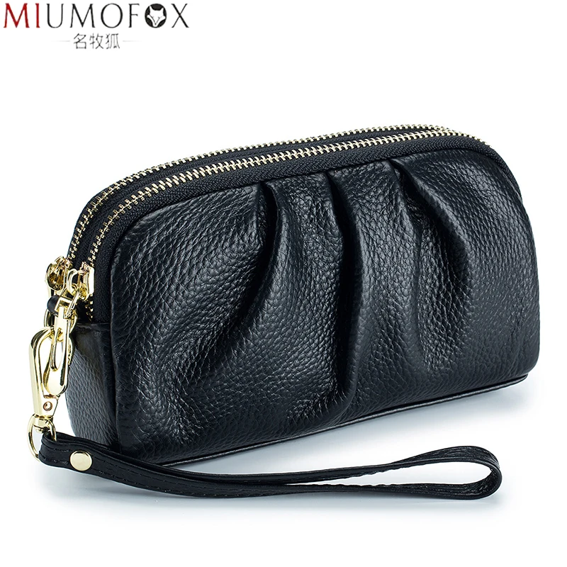 Genuine Leather Women Clutch Bags Famous Brand Designer Clouds Bag Lady Fashion Pleated Mini Handbag Wrist Strap Long Wallets