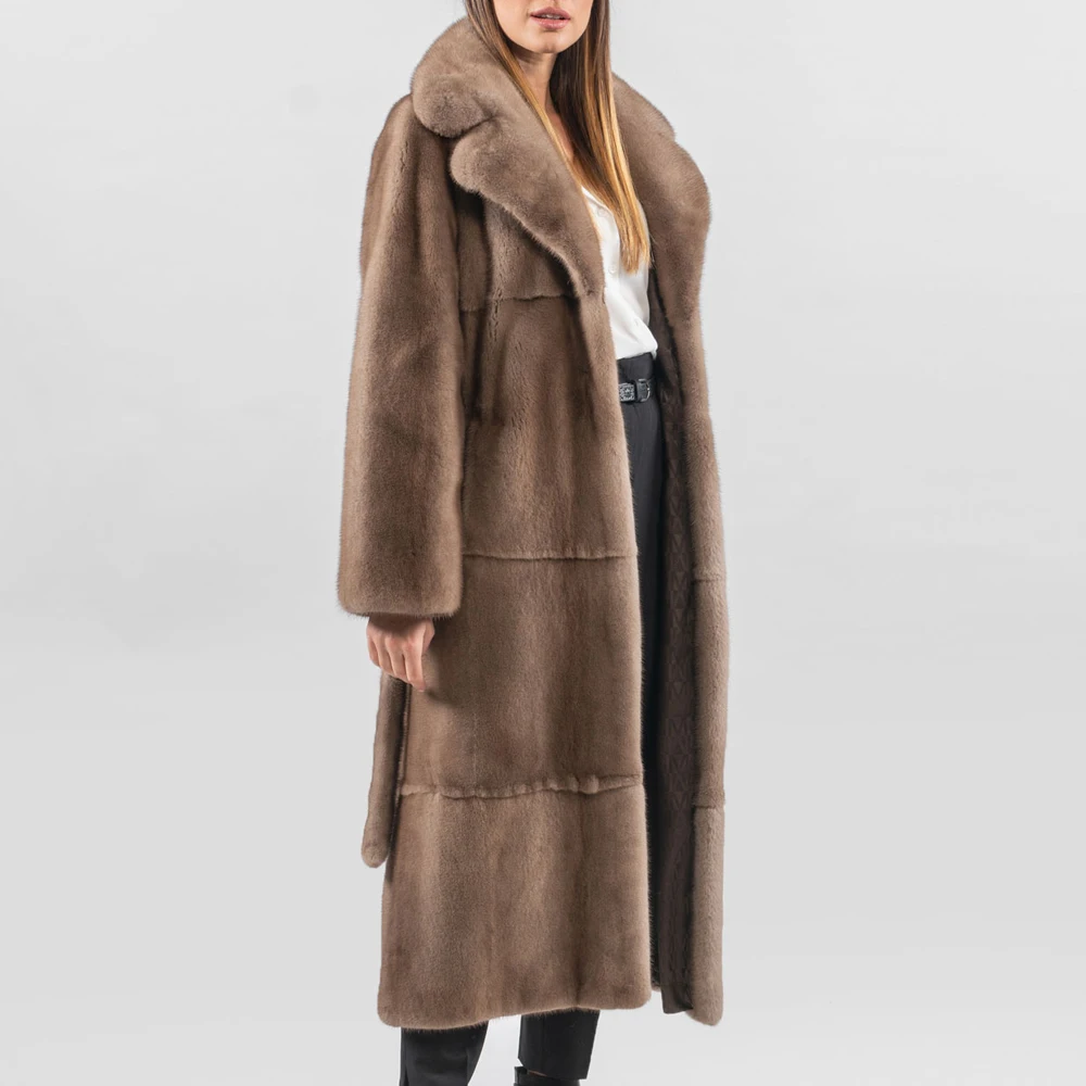 BFFUR Fashion Long MInk Fur Coat Women High Quality Real Mink Fur Jacket Lapel Collar WIth Fur Belt Coats Natural Female