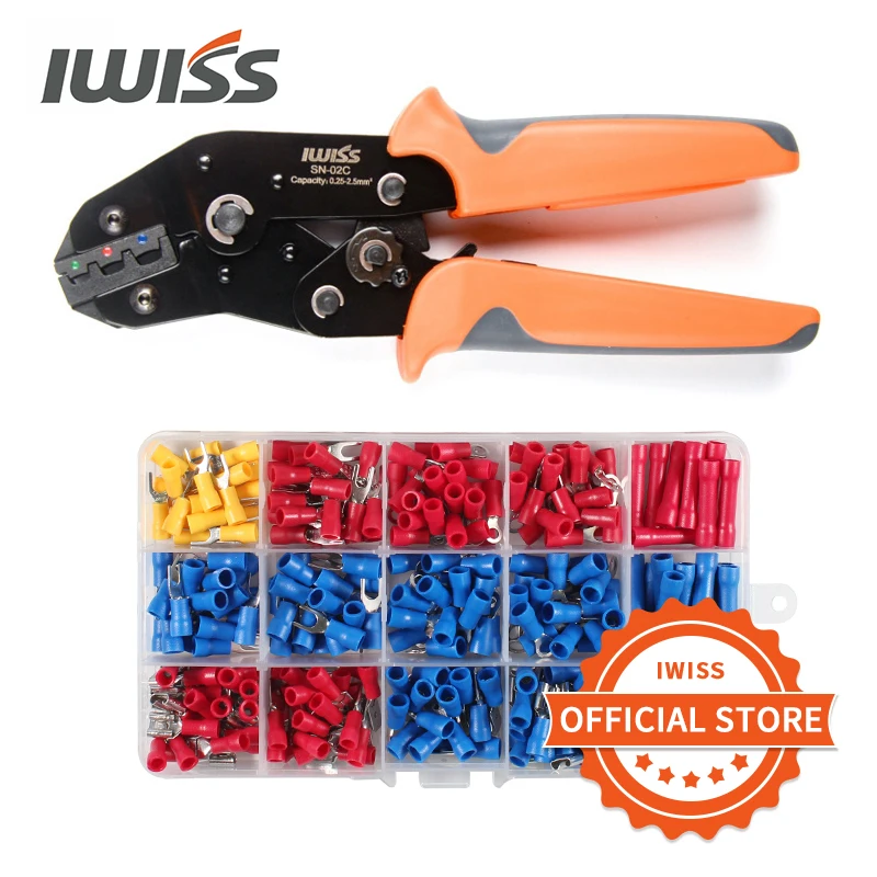 IWISS SN-02C 280Pcs kit pre-insulated terminal crimping pliers U type Y Connectors 0.25-2.5mm²AWG24-14 wire crimper tool set