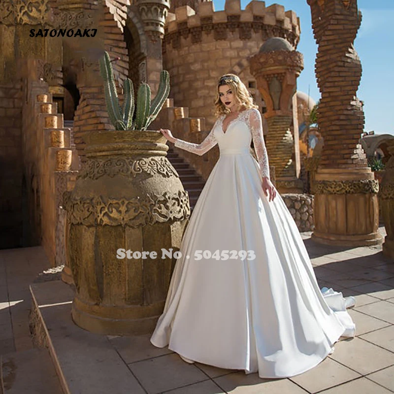 

Vestido De Novia Boho White Satin Wedding Dress A-Line Long Sleeves V-Neck Lace Bridal Gown 2024 Custom Made Robe Mariée France