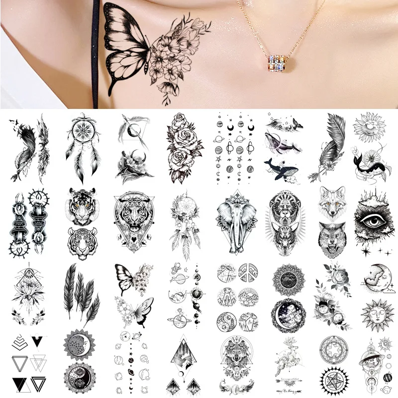 Autocollants de Tatouage Temporaire Étanche pour Homme et Femme, Motif Papillon, Tigre, Plume, Art Corporel Noir, pour Enfant