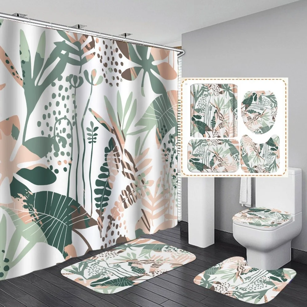 Cartoon Plant Leaf Shower Curtain Pastrol Ins With Non Slip Rug Mat Bathroom Curtain Waterproof Polyester Home Decor 180x180