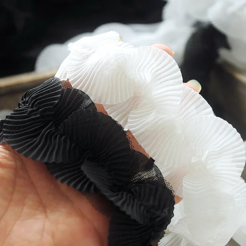5 Meter hochwertiger Chiffon weiß schwarz Fächerform Spiegel Applikation Spitze Stoff Rüschenbesatz für Mädchen Kleid/Manschette/Hochzeit DIY