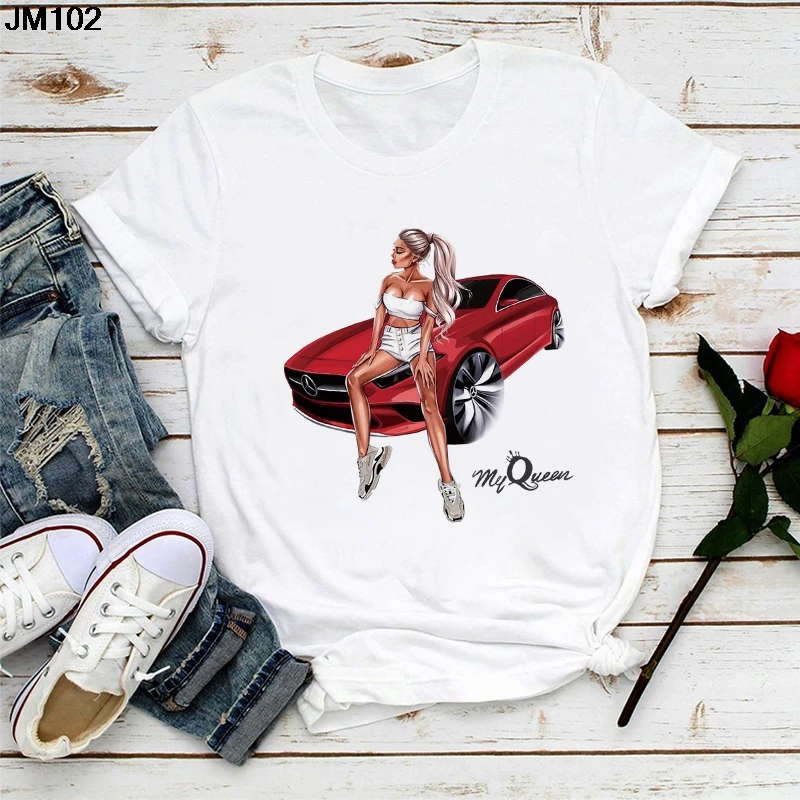 Summer New Women's Tshirt Fashion Car And Beauty Printing Ladies T Shirt Harajuku Korean Version Short-sleeved White Top T-shirt